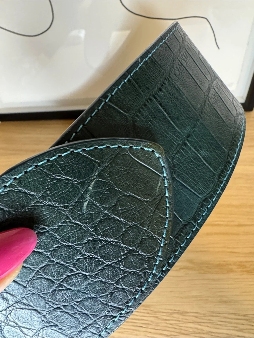 Croc-Embossed Deep Green Leather Belt with Square Buckle